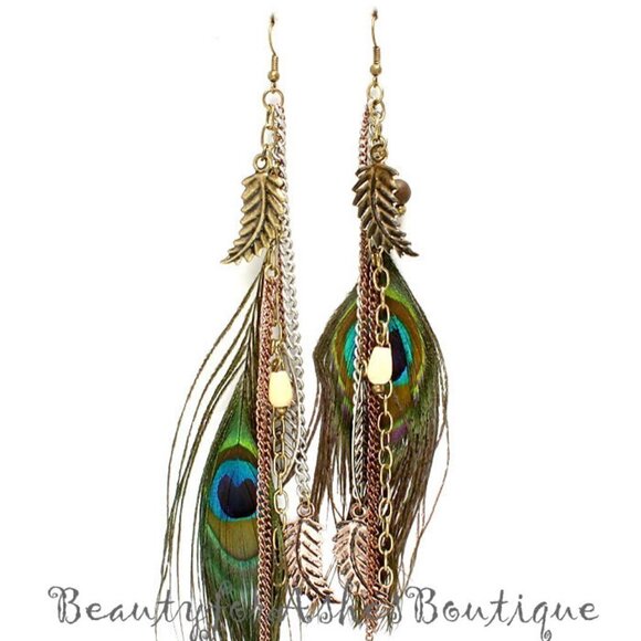 Beauty for Ashes Eyes to See Tritone 6.5" Peacock Feather Rustic Wood Earrings - Picture 2 of 3